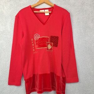 Bobbie Brooks Top‎ Womens Large Red Embellished Velvet Trim Holiday Pullover
